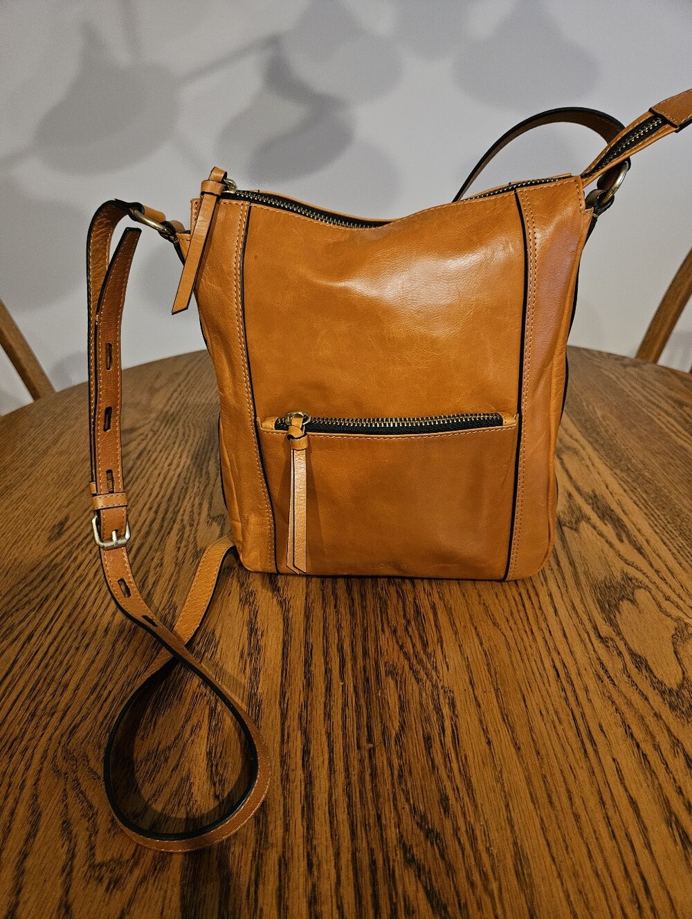 Lodis Cognac Leather Crossbody Bag with Front Zip Pocket